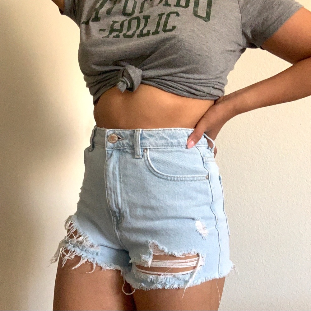 High-Waisted Distressed Light Wash Denim Shorts
